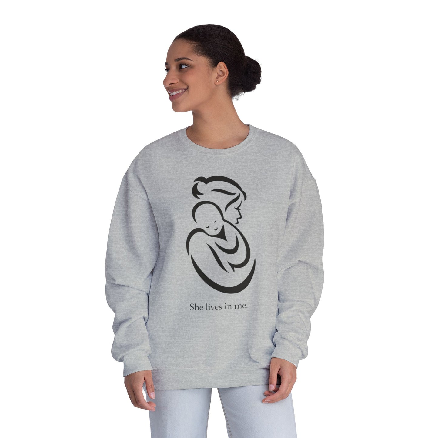 Mom Loved Crewneck Sweatshirt — 'She Lives in Me' Mother & Baby Silhouette