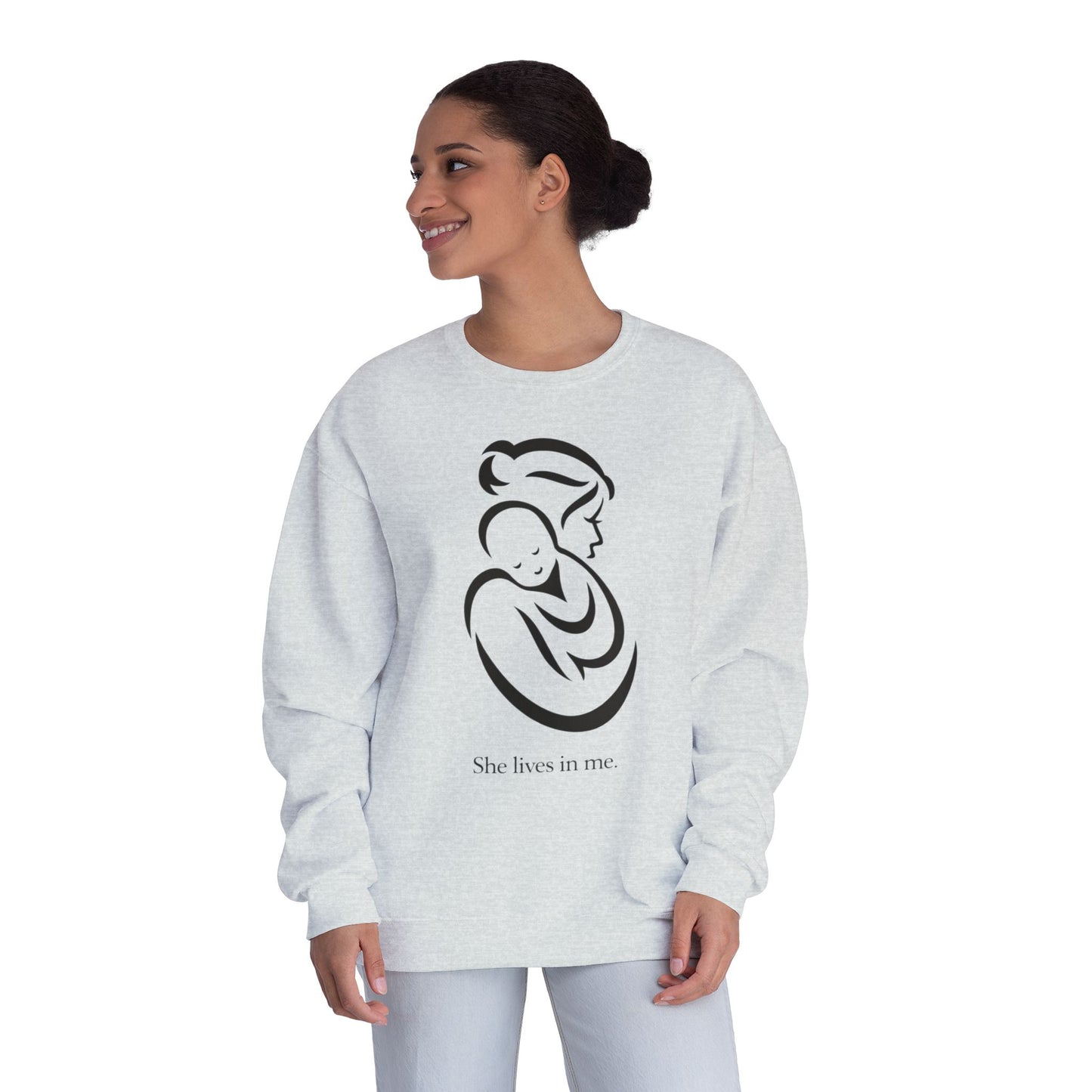 Mom Loved Crewneck Sweatshirt — 'She Lives in Me' Mother & Baby Silhouette