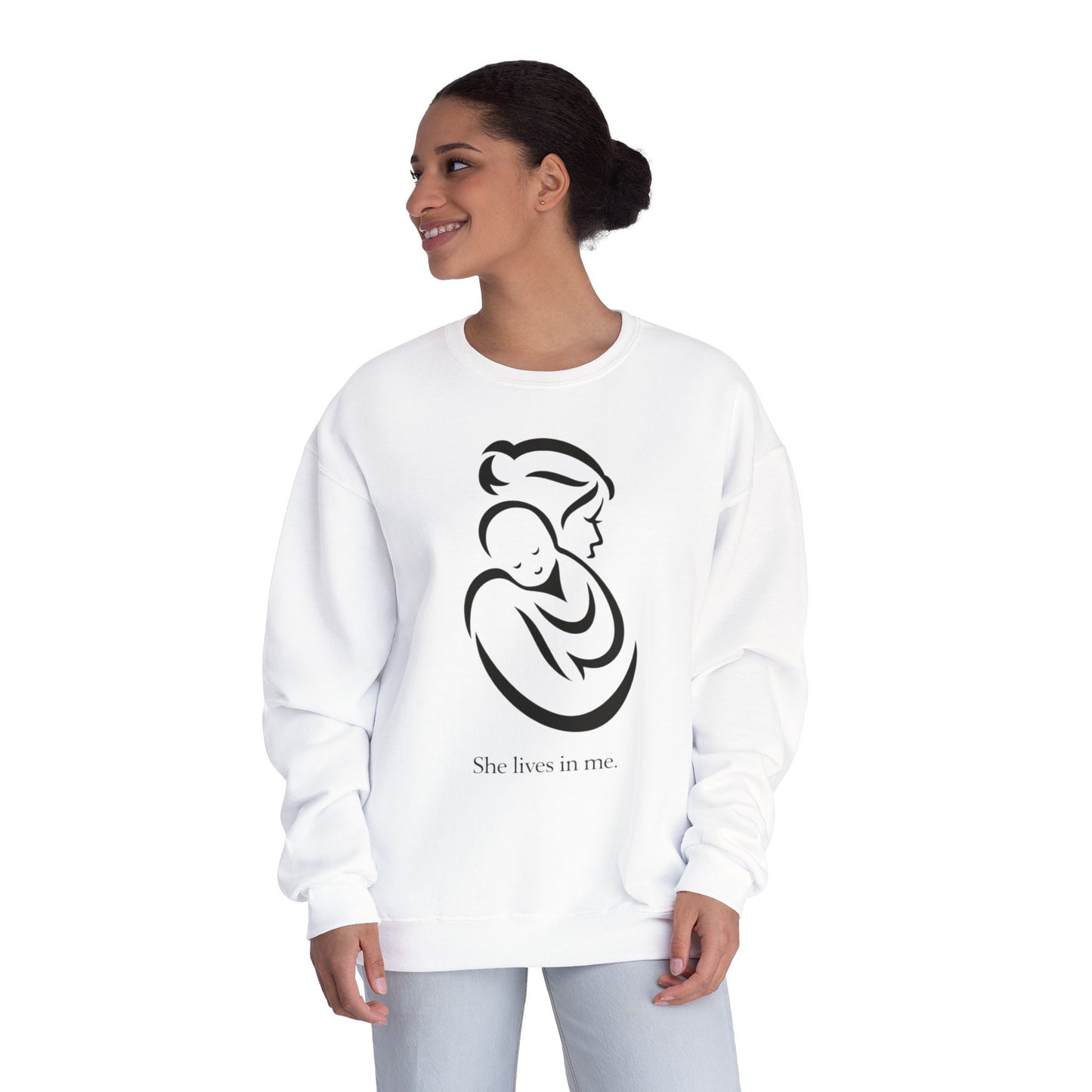 Mom Loved Crewneck Sweatshirt — 'She Lives in Me' Mother & Baby Silhouette